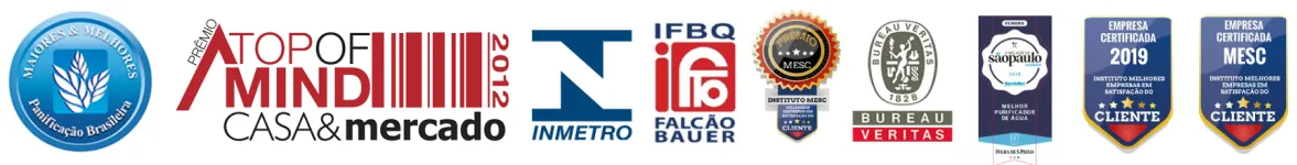Selos e certificações dos purificadores Europa: INMETRO, Top of Mind, IFBQ Falcão Bauer, Bureau Veritas e Empresa Certificada